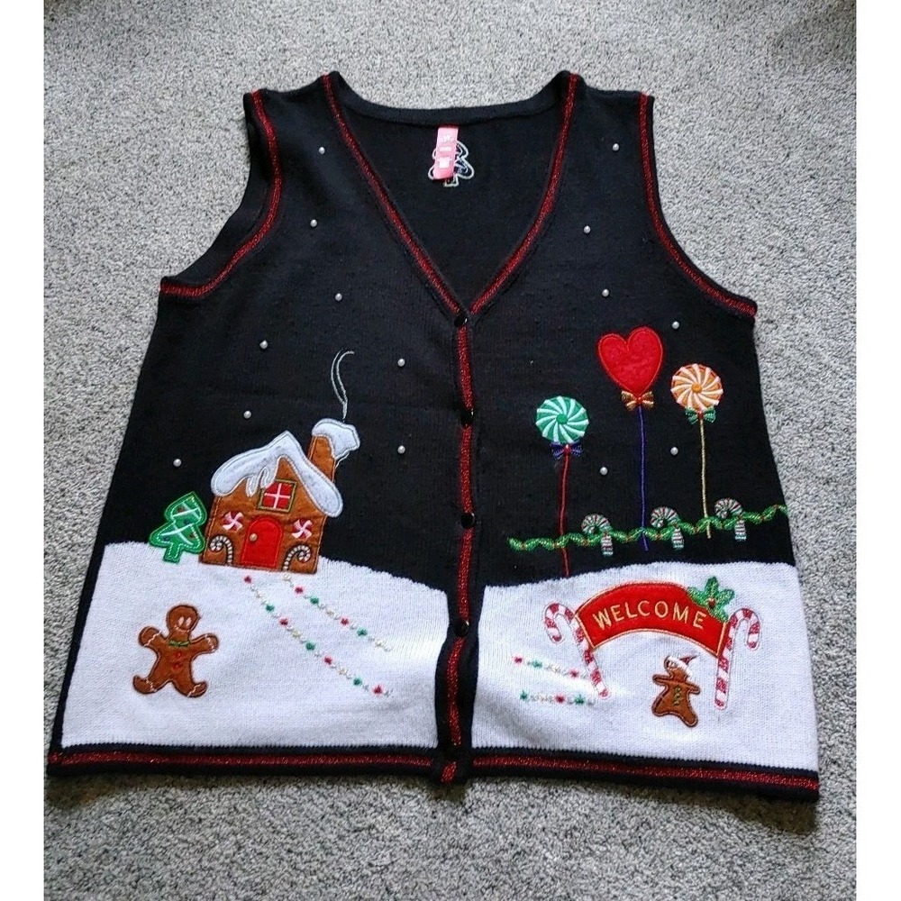 90s Granny Ugly Christmas Sweater Vest Gingerbread House Candy Black Large L